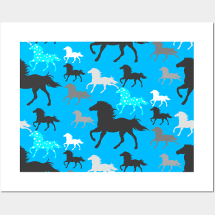 Running horses on blue Posters and Art